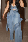Street Solid Color Pocket Buttons Patchwork Strap Design Zipper High Waist Loose Denim Jeans