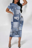 Casual Street Faux Denim Print Contrast O Neck Printed Short Sleeve Dress