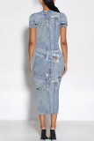 Casual Faux Denim Print Basic O Neck Short Sleeve Short Sleeve Dress