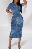 Casual Faux Denim Print Basic O Neck Short Sleeve Short Sleeve Dress