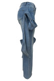 Street Solid Color Pocket Buttons Patchwork Strap Design Zipper High Waist Loose Denim Jeans