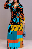 Casual Daily Geometric Print Lace Up Contrast V Neck Printed Dresses