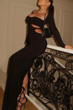 Elegant Solid Color Hollow Out Patchwork Square Neck One Step Skirt Dresses