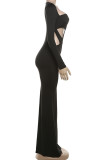 Elegant Solid Color Hollow Out Patchwork Square Neck One Step Skirt Dresses