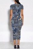 Casual Faux Denim Print Basic O Neck Short Sleeve Short Sleeve Dress