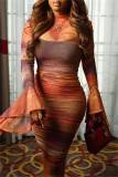 Sexy Print Ruched Mock Neck Long Dresses