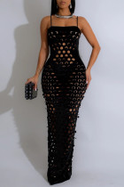 Sexy Solid Color Hollow Out Patchwork Backless Slit Zipper Spaghetti Strap Sling Dresses