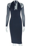 Sexy Solid Color Patchwork Halter Long Sleeve Dresses