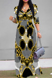 Casual Street Geometric Print Leopard Lace Up Contrast V Neck Printed Dresses