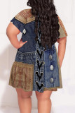 Casual Faux Denim Print Contrast V Neck Printed Plus Size Dresses