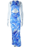Sexy Print Hollow Out O Neck Long Dresses