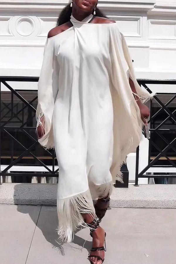 Elegant Solid Color Fringed Trim Hollow Out Patchwork Halter Long Dresses