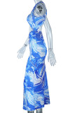 Sexy Print Hollow Out O Neck Long Dresses