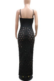Sexy Solid Color Hollow Out Patchwork Backless Slit Zipper Spaghetti Strap Sling Dresses
