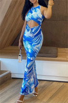 Sexy Print Hollow Out O Neck Long Dresses