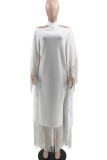 Elegant Solid Color Fringed Trim Hollow Out Patchwork Halter Long Dresses