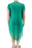 Sexy Solid Color Fringed Trim Patchwork See-Through V Neck Irregular Plus Size Dresses
