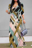 Casual Street Geometric Print Leopard Lace Up Contrast V Neck Printed Dresses