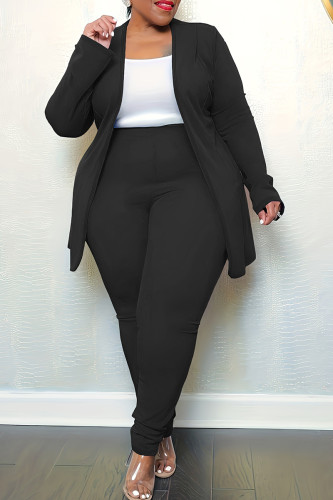 Casual Solid Color Patchwork Turn-back Collar Plus Size Two Pieces
