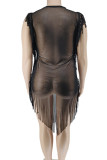 Sexy Solid Color Fringed Trim Patchwork See-Through V Neck Irregular Plus Size Dresses