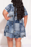 Casual Faux Denim Print Contrast V Neck Printed Plus Size Dresses
