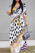 Casual Street Geometric Print Leopard Lace Up Contrast V Neck Printed Dresses
