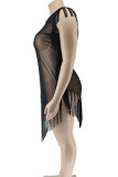 Sexy Solid Color Fringed Trim Patchwork See-Through V Neck Irregular Plus Size Dresses