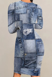 Casual Daily Faux Denim Print Contrast O Neck Printed Dresses