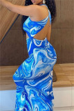 Sexy Print Hollow Out O Neck Long Dresses