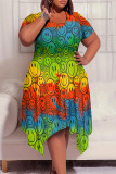 Casual Geometric Print Smiley Face Print Irregular Contrast O Neck Printed Plus Size Dresses