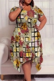 Casual Geometric Print Smiley Face Print Irregular Contrast O Neck Printed Plus Size Dresses