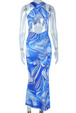 Sexy Print Hollow Out O Neck Long Dresses