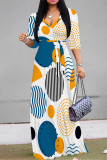 Casual Street Geometric Print Leopard Lace Up Contrast V Neck Printed Dresses