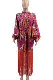 Elegant Print Fringed Trim Pocket Patchwork O Neck Long Dresses
