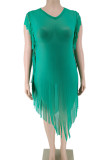 Sexy Solid Color Fringed Trim Patchwork See-Through V Neck Irregular Plus Size Dresses