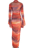Sexy Print Ruched Mock Neck Long Dresses