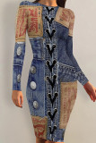 Casual Daily Faux Denim Print Contrast O Neck Printed Dresses