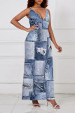 Sexy Faux Denim Print Pocket Contrast V Neck Sling Dresses