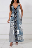 Sexy Faux Denim Print Pocket Contrast V Neck Sling Dresses