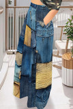 Casual Faux Denim Print Pocket Contrast Loose High Waist Wide Leg Full Print Bottoms