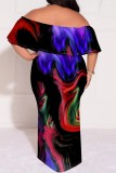 Casual Print Patchwork Off Shoulder Long Plus Size Dresses