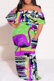 Casual Print Patchwork Off Shoulder Long Plus Size Dresses