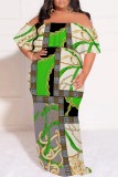 Casual Print Patchwork Off Shoulder Long Plus Size Dresses