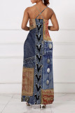 Sexy Faux Denim Print Pocket Contrast V Neck Sling Dresses
