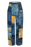 Casual Faux Denim Print Pocket Contrast Loose High Waist Wide Leg Full Print Bottoms