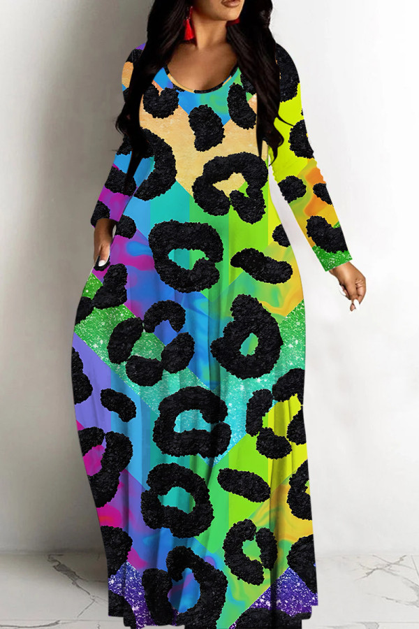 Casual Print Basic V Neck Long Dresses