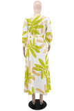 Casual Leaf Print Lace Up O Neck Long Dresses
