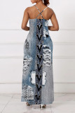 Sexy Faux Denim Print Pocket Contrast V Neck Sling Dresses