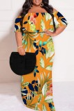Casual Print Patchwork Off Shoulder Long Plus Size Dresses