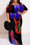 Casual Print Patchwork Off Shoulder Long Plus Size Dresses
